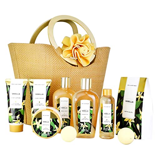 Bade Geschenkset für Frauen SPA LUXETIQUE 10 tlg. Set Vanilla Duft - Handcreme, Duschgel, Schaumbad, Bodylotion, Badesalz, Badeschwamm und Geräumige Handtasche, Bade Geschenkset zum Valentinstag von spa luxetique