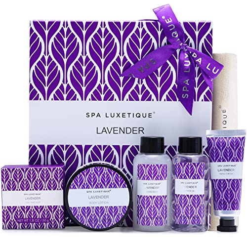 Bade Geschenket für Frauen, SPA LUXETIQUE Pflegeset Lavendelduft 6 tlg. Set in Reisegröße - Duschgel, Bodylotion, Schaumbad, Handcreme, Leinentasche mit Kordelzug, Bad Reise Set zum Muttertagsgeschenk von spa luxetique