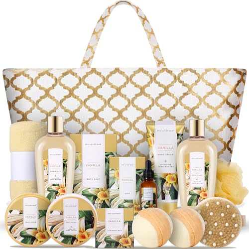 Bade Geschenkset für Frauen, SPA LUXETIQUE 15 tlg. Vanilleduft Bad Set Geburtstagsgeschenk für Damen mit Duschgel, Trockene Haarkappe & Geräumige Handtasche, Geschenkset zum Valentinstag von spa luxetique