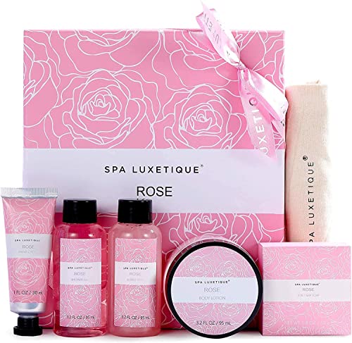 SPA LUXETIQUE Bade Geschenket für Frauen - 6 tlg. Pflegeset Rosenduft in Reisegröße Duschgel, Bodylotion, Schaumbad, Handcreme, Leinentasche mit Kordelzug, Bade Reise Set Geschenk zum Valentinstag von spa luxetique