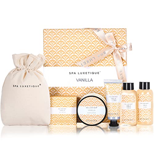 SPA LUXETIQUE Bade Geschenket für Frauen - Pflegeset Vanilleduft mit 6 tlg. in Reisegröße Duschgel, Bodylotion, Schaumbad, Handcreme, Leinentasche mit Kordelzug, Bade Reise Set zum Muttertagsgeschenk von spa luxetique