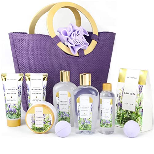 SPA LUXETIQUE Damen Bade Geschenkset - 10tlg. Lavender Duft Geburtstaggeschenk Wellness set für Frauen Handcreme, Duschgel, Schaumbad, Bodylotion, Badesalz, Badeschwamm, Muttertagsgeschenk von spa luxetique