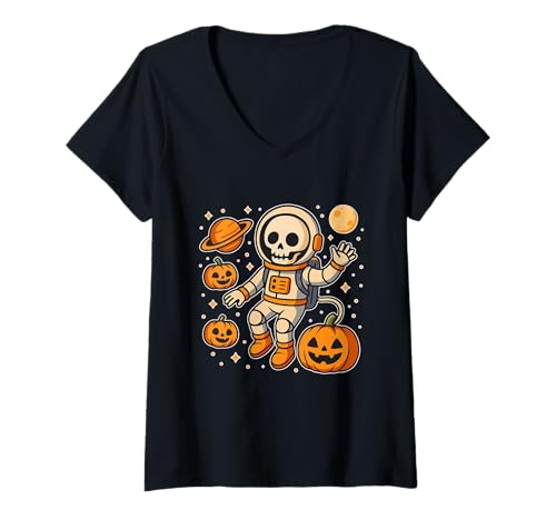 Damen Astronauten-Skelett mit Kürbissen T-Shirt mit V-Ausschnitt Damen Astronauten-Skelett mit Kürbissen T-Shirt mit V-Ausschnitt von space skeleton astronaut pumpkins cosmic halloween