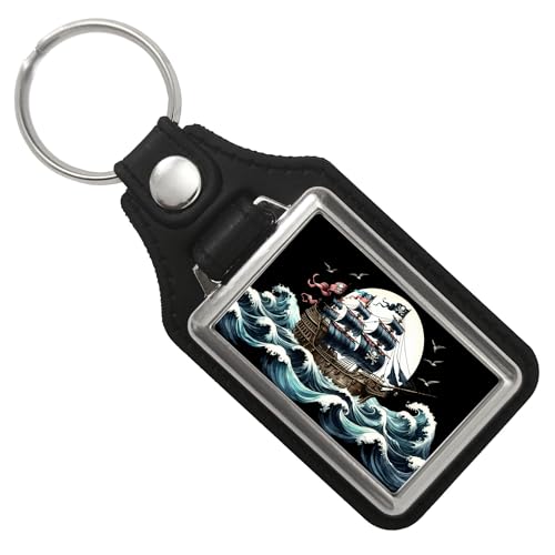 speecheese Piratenschiff auf hoher See Schlüsselanhänger mit Kunstleder-Anhänger Maritimes Geschenk Pirat Schiff auf Ozean-Wellen Segelschiff Schlüsselanhänger mit Kunstleder-Anhänger für von speecheese