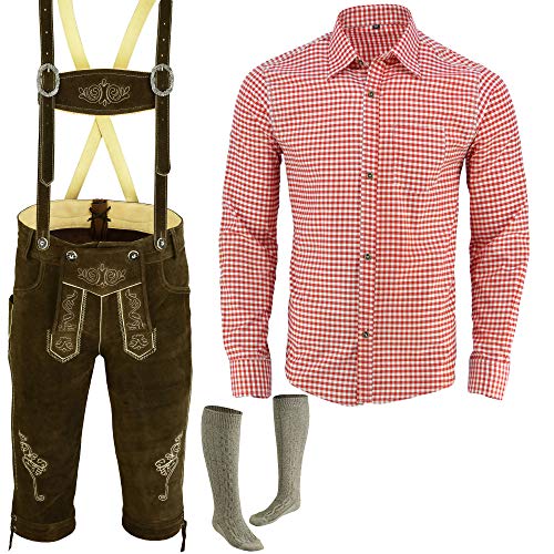 Speed4allkinds Trachten Set Herren Trachten Lederhose Herren Größe 46-62 Bayerische Traditionelle Echt Lederhose für Oktoberfest Trachtenset,Hose,Hemd,Socken Neu (Lederhose 56 Rot Hemd L Socken 46) von Speed4allkinds