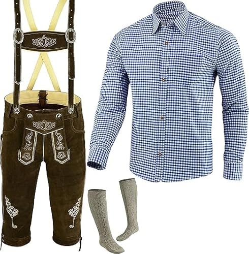 Speed4allkinds Trachten Set Herren Trachten Lederhose Herren Größe 46-62 Bayerische Traditionelle Echt Lederhose für Oktoberfest Trachtenset,Hose,Hemd,Socken Neu (Lederhose 58 Blau Hemd XXL Socken 46) von Speed4allkinds