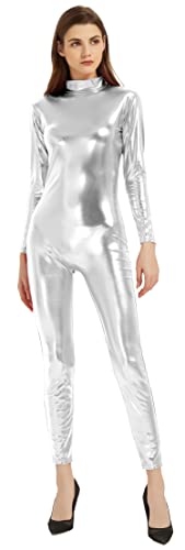 speerise Damen Catsuit Langarm, glänzend, metallisch, silber, X-Small von speerise