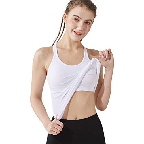 Damen Geripptes Workout Crop Tops mit integriertem BH, Yoga Racerback Tank Top, schmale Passform, Größe M, Weiß von sphinx cat