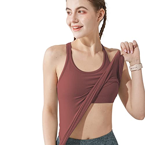 Geripptes Workout-Top für Damen mit integriertem BH, Yoga, Racerback, Tanktop, schmale Passform, weinrot, Größe L von sphinx cat