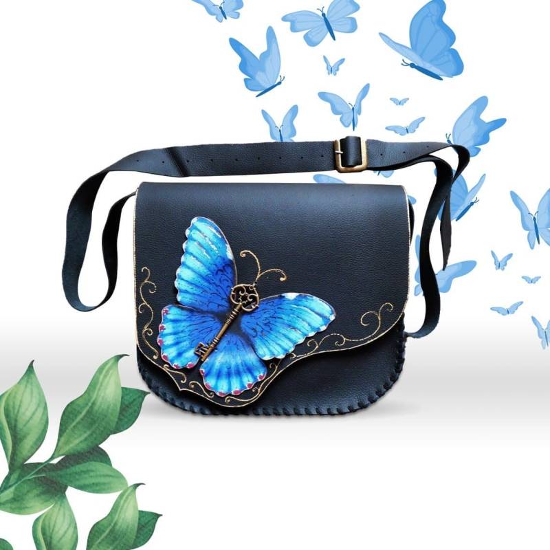 Morpho Schmetterlingstasche Blaue Schmetterlingsledertasche Bemalte Schmetterlings Umhängetasche Einzigartige Bemalte Tasche Ungewöhnliche von spiculdegrau