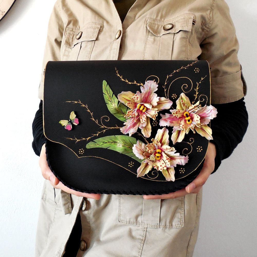 Orchidee Ledertasche, Einzigartige Jubiläumsgeschenk, Blumentasche, Geschenk Für Sie von spiculdegrau