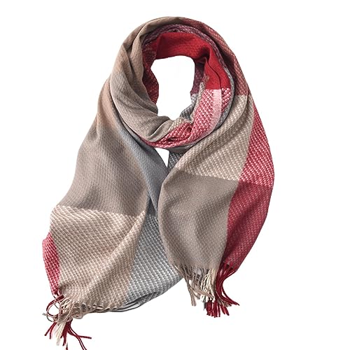 spirgear Schal Damen Winter Kariert Winterschal Weicher Warmer Damenschal Mit Quasten 200 x 65 cm, Rot Grau von spirgear