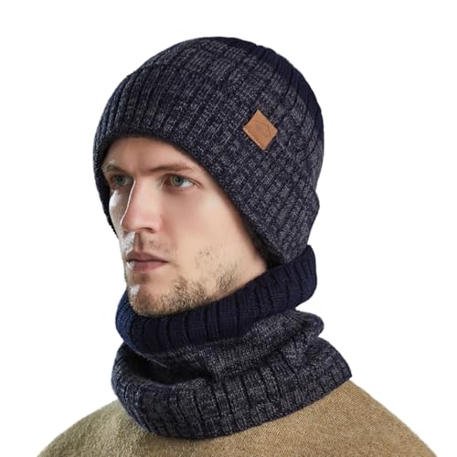 spirgear Wintermütze Herren Loop Schal Set, Thermo Fleecefutter Beanie Mütze Ski Strickmützen Schlauchschal, Gerippt Blau von spirgear
