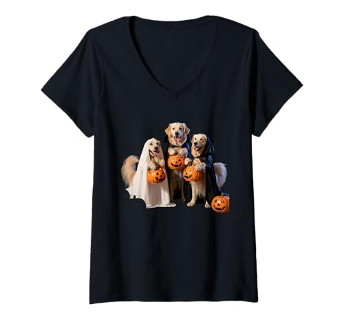 Damen Golden Retriever Hunde Trick-or Treat Halloween Family Design T-Shirt mit V-Ausschnitt von spooky Golden Retriever design