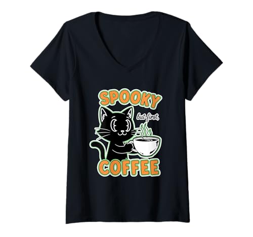 Damen Gruselige Aber erste Kaffeekatze T-Shirt mit V-Ausschnitt von spooky coffee cat brew halloween morning spooky