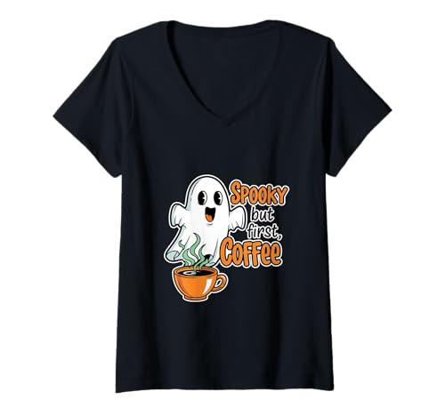 Damen Gruselige Aber erste Coffee Ghost Tasse T-Shirt mit V-Ausschnitt von spooky coffee halloween ghost ghost cafe spooky
