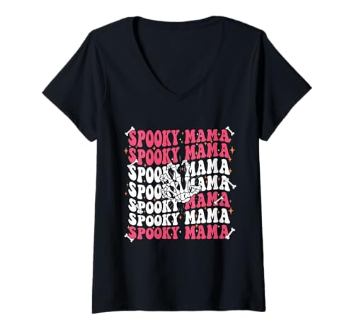 Damen Gruselige Mama Skelett Hand T-Shirt mit V-Ausschnitt von spooky mama mom halloween skeleton hand spooky