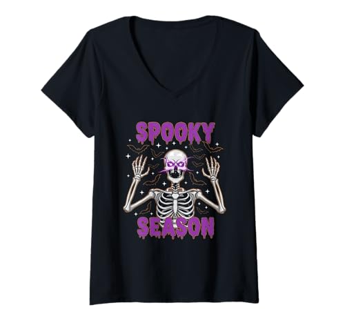 Damen Spooky Season Skelett T-Shirt mit V-Ausschnitt Damen Spooky Season Skelett T-Shirt mit V-Ausschnitt von spooky season skeleton art halloween bats spooky