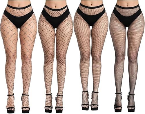 srclo 4 PCS Netzstrumpfhose Schwarz, Fishnet Stockings Strümpfe Strumpfhosen Netzstrümpfe Hohe Taille Fischernetz Strumpfhosen für Damen（Eine Grösse passt allen） von srclo
