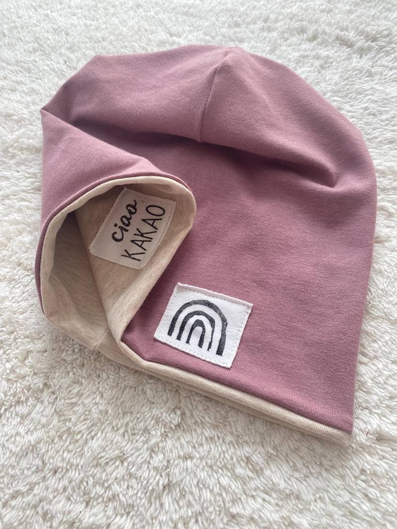 Dein Design | Used Look Beanie Wendebeanie Dreieckloop Baumwolljersey Farbwahl Label Mütze |Mädchen Junge Erwachsen von sschleifenliebee