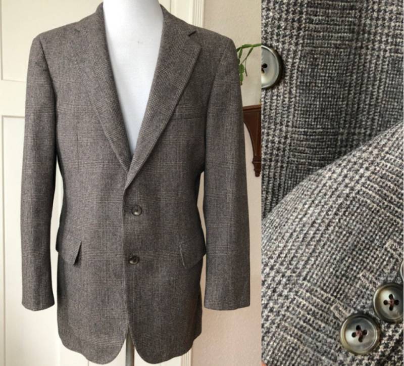 70Er 80Er Jahre Wolle Glen Urquhart Karo Tweed Flanell Gewebter Blazer Sport Sakko Anzug Jacke Grau Braun 38 R Horn Knöpfe Herren Vintage 1970Er von sssggg