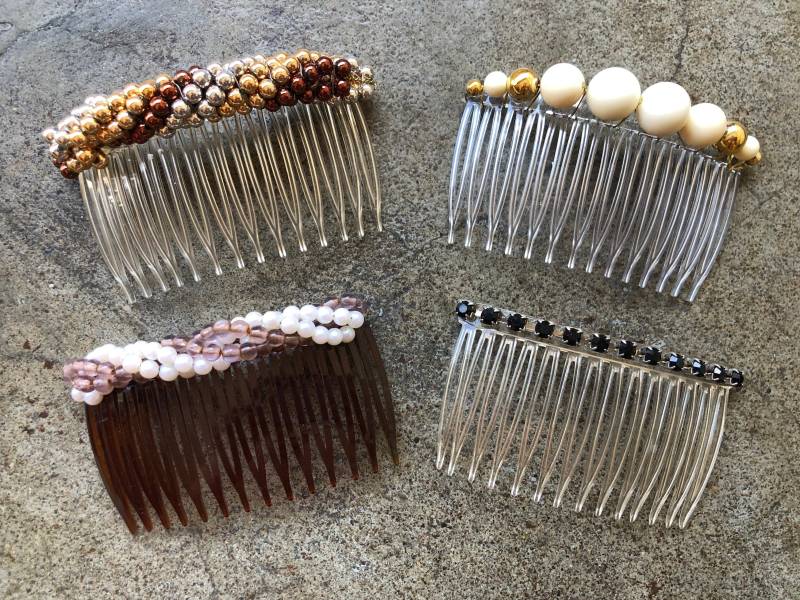 Usa Klare Perlen Strass Gold Acetat Lucite Lot Paar Set 4 Seitliche Haarkämme Schieber Pin Haarspange Clip 1950Er 50Er 1960Er 60Er Vintage von sssggg