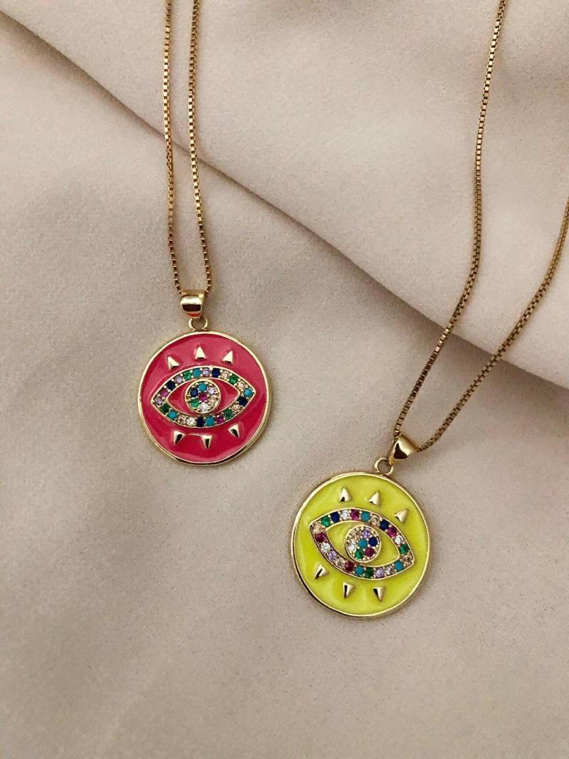 Dalia Auge Halskette | Gold Böse Anhänger Charme Gelb Rosa Emaille Schmuck Statement Schutz von standingoaccessories