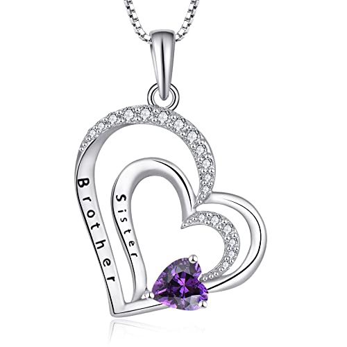 Starnny Damen Kette Silber 925 Bruder Schwester Liebe Gravur Herz Anhänger Halskette mit Februar Geburtsstein Amethyst Farbe 3A ZirKonia Schmuck für Frauen von starchenie