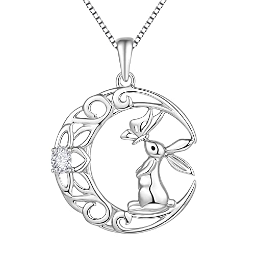 Starnny Hase Kette Damen Silber 925 Hase Kaninchen Mond Anhänger Halskette 3A Zirkonia Kette Weiß Geschenke für Sie Frauen von starchenie