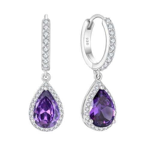 Starchenie Ohrringe 925 Sterling Silber für Damen Creolen mit Zirkonia Amethyst Geburtsstein Tropfen Hängend Hypoallergen Kreolen Hängeohrringe von starchenie