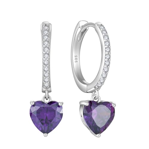Starchenie Ohrringe 925 Sterling Silber für Damen Creolen mit Zirkonia Herz Amethyst Geburtsstein Hängend Hypoallergen Kreolen Hängeohrringe von starchenie