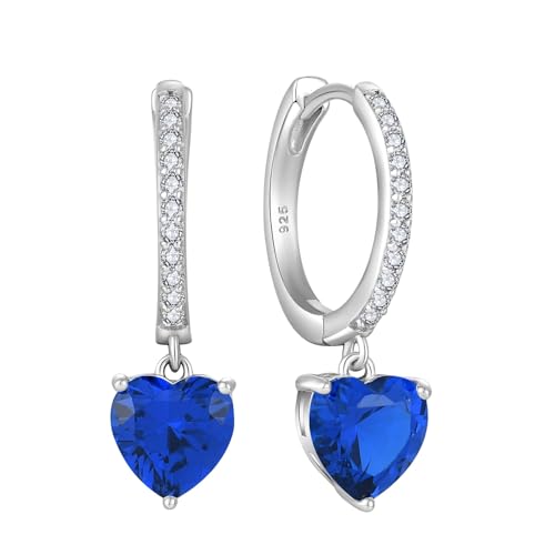 Starchenie Ohrringe 925 Sterling Silber für Damen Creolen mit Zirkonia Herz Saphir Geburtsstein Hängend Hypoallergen Kreolen Hängeohrringe von starchenie