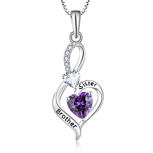 Starnny Damen Kette Silber 925 Bruder Schwester Liebe Gravur Herz Anhänger Halskette mit Februar Geburtsstein Amethyst Farbe 3A ZirKonia Schmuck für Frauen von starchenie