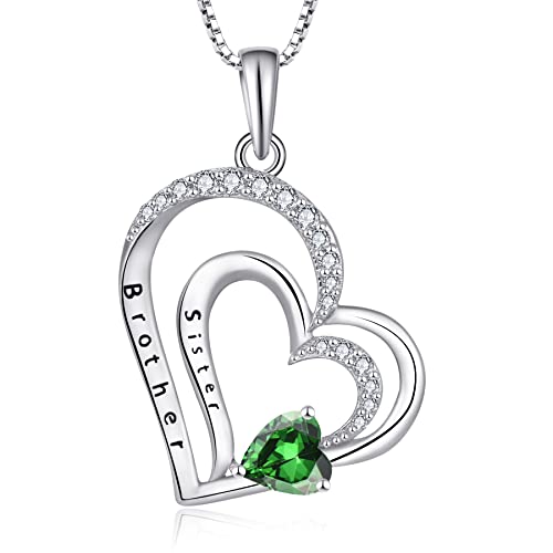 Starnny Damen Kette Silber 925 Bruder Schwester Liebe Gravur Herz Anhänger Halskette mit Mai Geburtsstein Smaragd Farbe 3A ZirKonia Schmuck für Frauen von starchenie