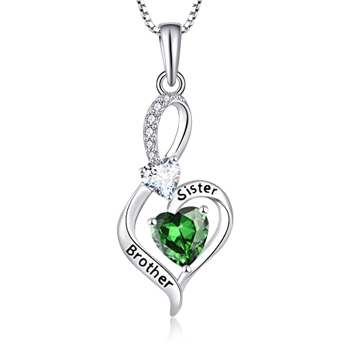Starnny Damen Kette Silber 925 Bruder Schwester Liebe Gravur Herz Anhänger Halskette mit Mai Geburtsstein Smaragd Farbe 3A ZirKonia Schmuck für Frauen von starchenie