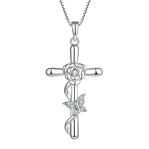 Starchenie Damen Halskette, Rose Blume Sterling Silber Kreuz Halskette Kruzifix Anhänger von starchenie
