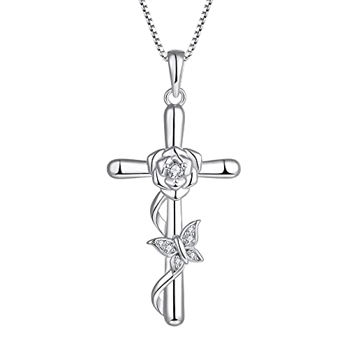 starchenie Damen Halskette, Rose Blume Sterling Silber Kreuz Halskette Kruzifix Anhänger von starchenie