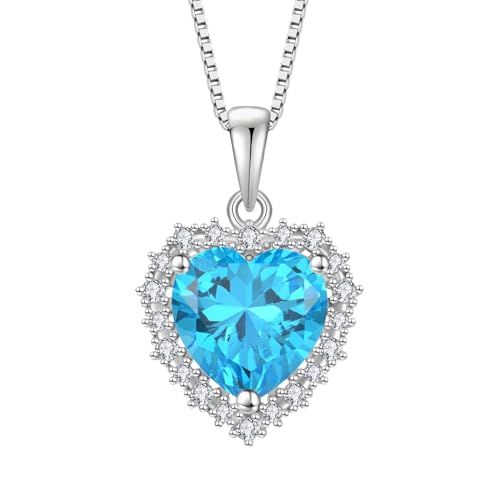 starchenie Damen Halskette 925 Sterling Silber Herz änhänger Geburtssteine Aquamarinblau Zirkonia Anhänger Kette Schmuck von starchenie