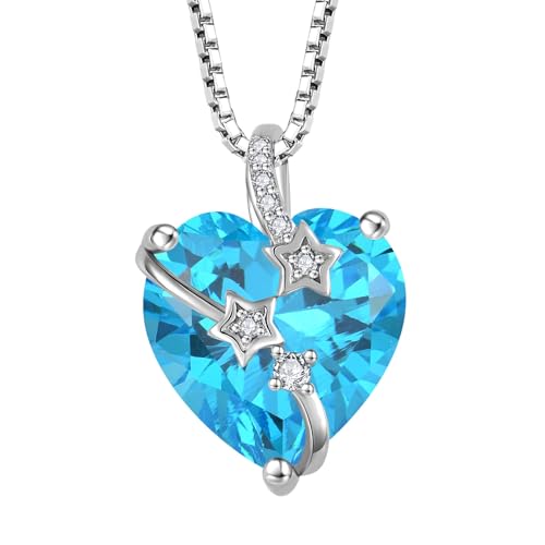 starchenie Damen Halskette 925 Sterling Silber Herz änhänger Geburtssteine Aquamarinblau Zirkonia Anhänger Kette mit Stern von starchenie