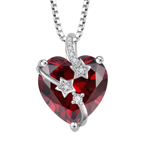 starchenie Damen Halskette 925 Sterling Silber Herz änhänger Geburtssteine Granat Zirkonia Anhänger Kette mit Stern von starchenie