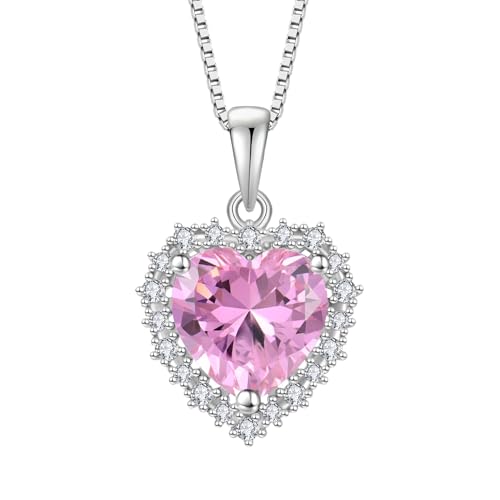 starchenie Damen Halskette 925 Sterling Silber Herz änhänger Geburtssteine Rosa Zirkonia Anhänger Kette Schmuck von starchenie