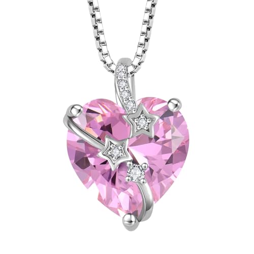 starchenie Damen Halskette 925 Sterling Silber Herz änhänger Geburtssteine Rosa Zirkonia Anhänger Kette mit Stern von starchenie