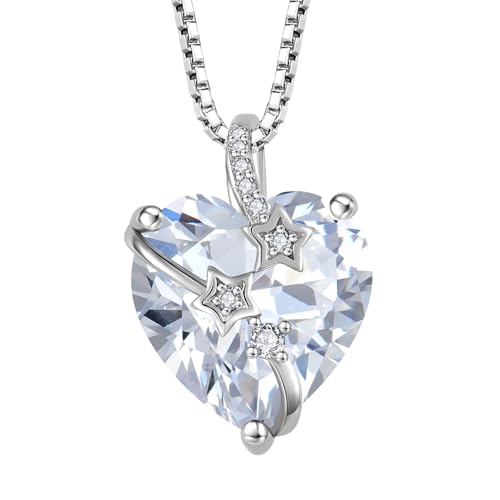 starchenie Damen Halskette 925 Sterling Silber Herz änhänger Geburtssteine Weiß Zirkonia Anhänger Kette mit Stern von starchenie