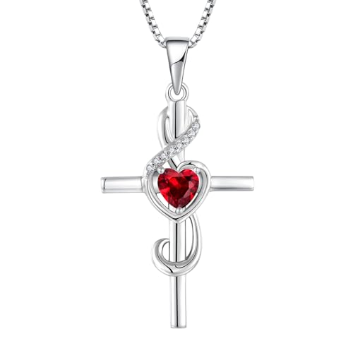 starchenie Damen Kreuz Halskette 925 Sterling Silber Herz Geburtsstein Rubin Zirkonia Anhänger Notiz Notenschlüssel Kette Schmuck Geschenke von starchenie