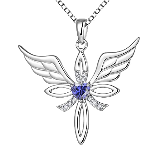 starchenie Geburtsstein Halskette, Engelsflügel kette Kruzifix Kreuz Halskette 925 Sterling Silber Zirkonia Anhänger für Damen von starchenie