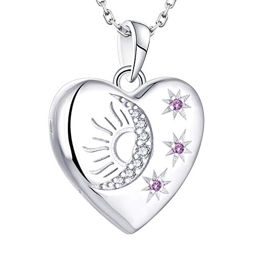 Starnny Herz Medaillon zum Öffnen für Bilder 925 Silber Foto Medaillon Anhänger Halskette mit Stern/Mond/Sonne Geburtsstein Anhänger Geschenke für Familie von starchenie