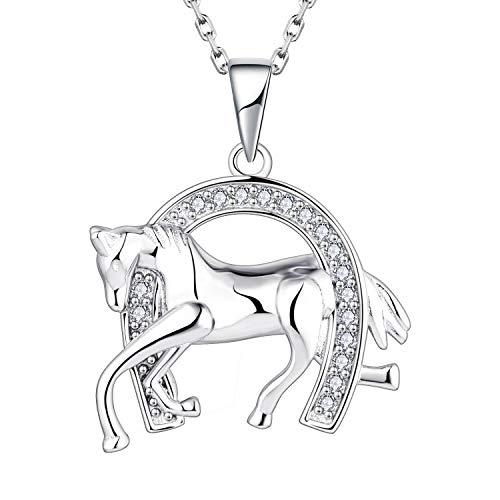 Starnny Pferd & Hufeisen Kette Silber 925 Damen mit 5A Zirkonia April Geburtsstein Anhänger Halskette Weiß Kette Geschenk für Frauen von starchenie