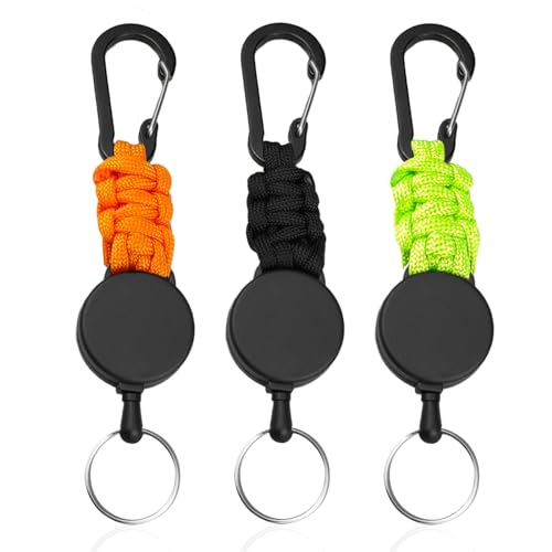 starfa lab einziehbarer Schlüsselanhänger, 3 Stück Schlüsselband Ausziehbar Schlüsselrolle halter mit 65cm Stahldrahtseil und Karabiner (Schwarz + Orange + Grün) von starfa lab
