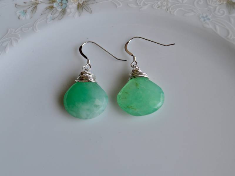 Apfelgrün Chrysopras Draht Umwickelt, Echter Edelstein-Schmuck, Ohrringe, Schmuck von starrydreams