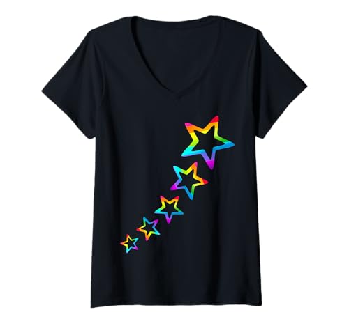 Damen Bunte Sterne T-Shirt mit V-Ausschnitt von stars rainbow gradient